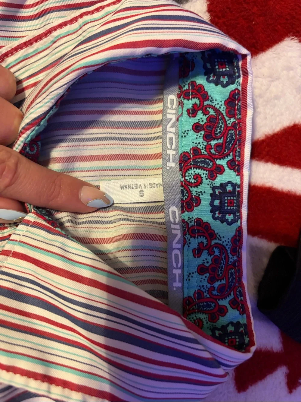 Cinch Multicolor Striped Button-Down Shirt - White, Red, Blue, Black - Picture 3 of 3
